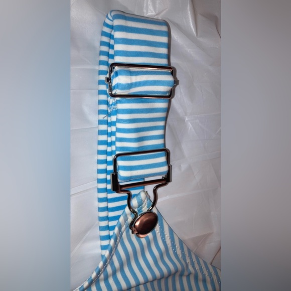 Bikini TOP WITH SUSPENDERS & POCKET!! Tiffany Blue Striped Silver hardware Lg - Picture 6 of 13
